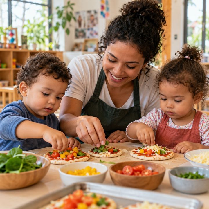 Mãos de crianças e de uma educadora montando pequenas pizzas com legumes.