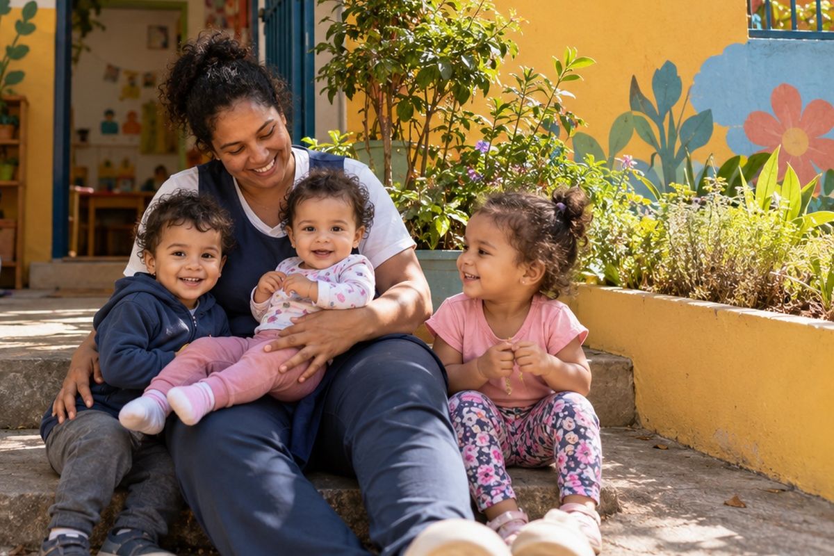 Educadora sentada na escada da entrada com três crianças pequenas, todas sorrindo.