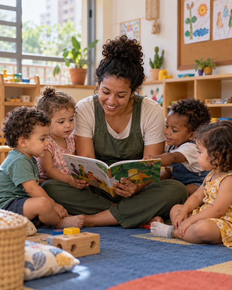 Educadora sentada no tapete lê um livro para crianças pequenas em roda.