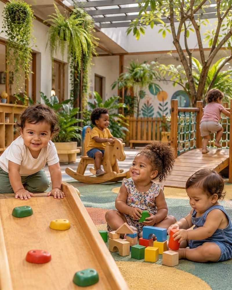 Pátio coberto com plantas, brinquedos de madeira e crianças brincando.