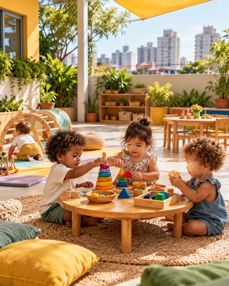 Solário com mesa baixa, almofadas e crianças brincando com brinquedos de encaixe.