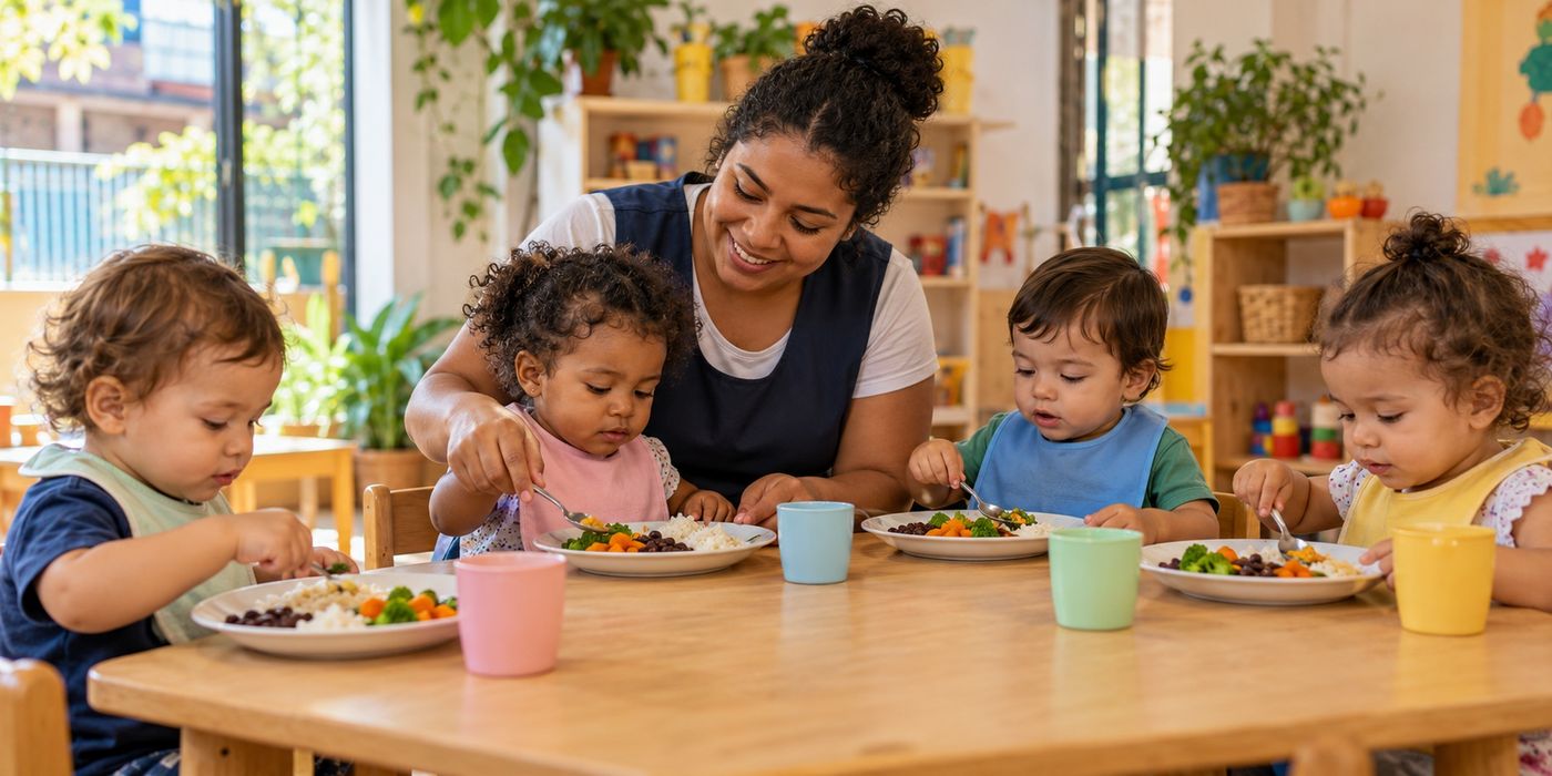Educadora à mesa com crianças pequenas durante uma refeição de arroz, feijão e legumes.