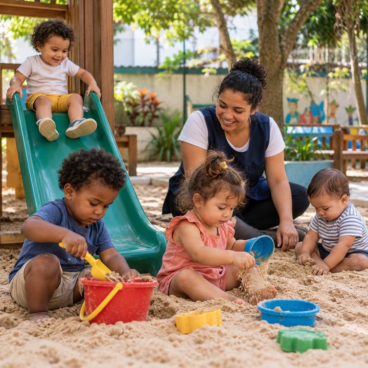 Crianças brincam na areia e no escorregador acompanhadas por uma educadora.