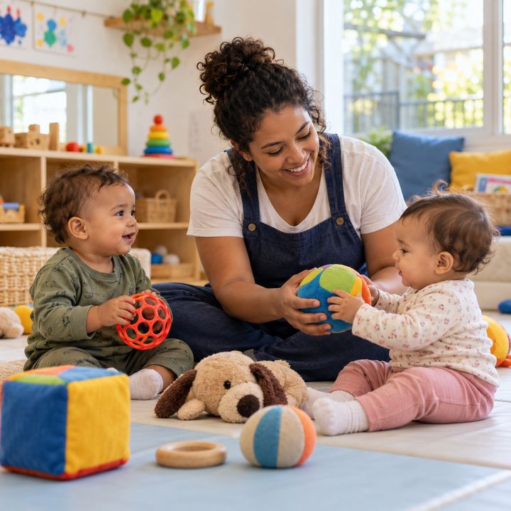 Educadora brinca no tapete com dois bebês.