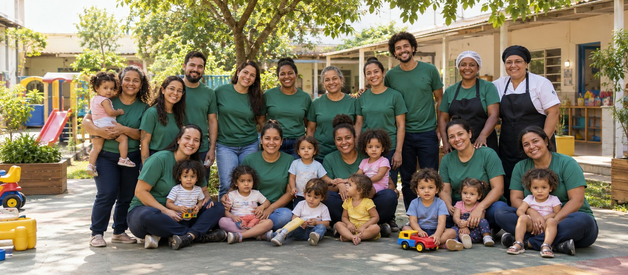 Grupo de educadores e colaboradores de camiseta verde reunidos no pátio com crianças.