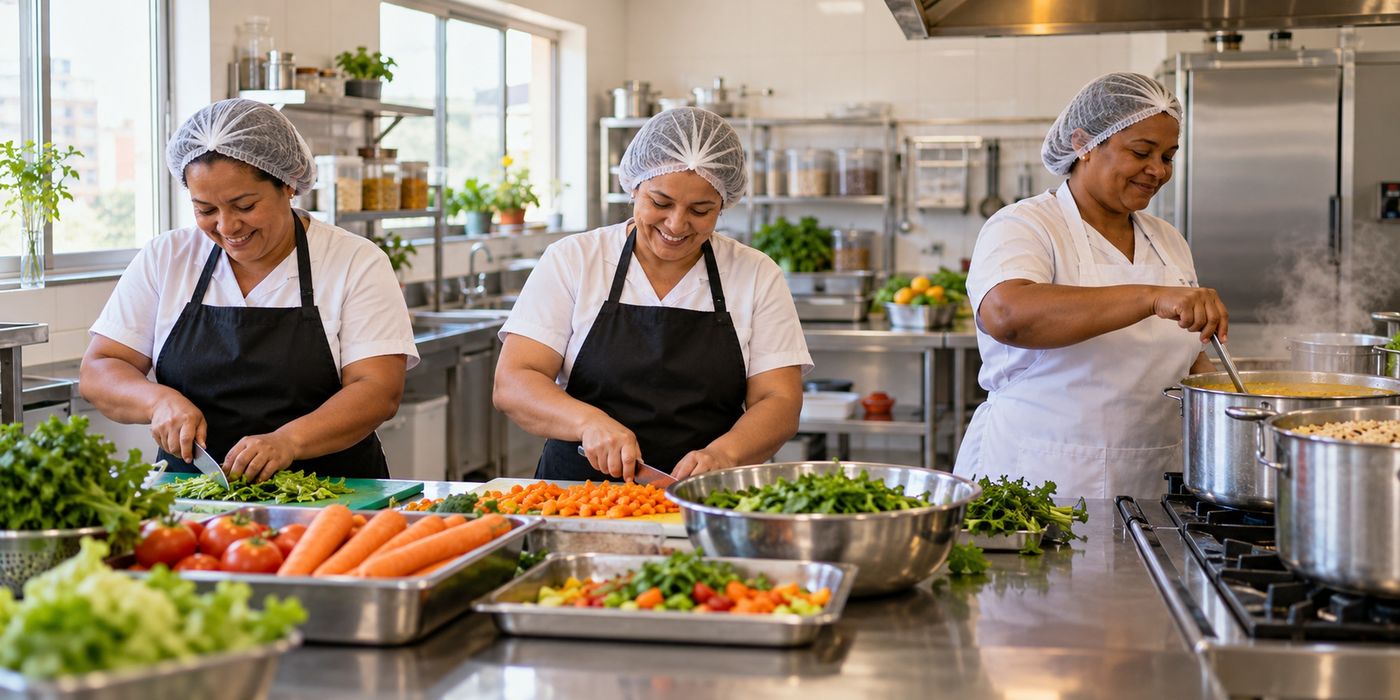 Equipe de cozinha com toucas e aventais preparando legumes e refeições.
